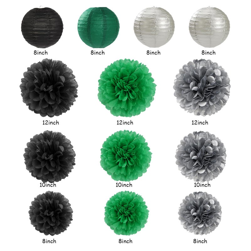 burgleda Black Green Silver Football Party-Decorations - 20pcs Soccer Theme Graduation Paper Lanterns Fans,Tissue Pom Poms,Honeycomb Balls,Men Boys Birthday Sports Spring Jungle Baby Shower Decor Burgleda - Image 3